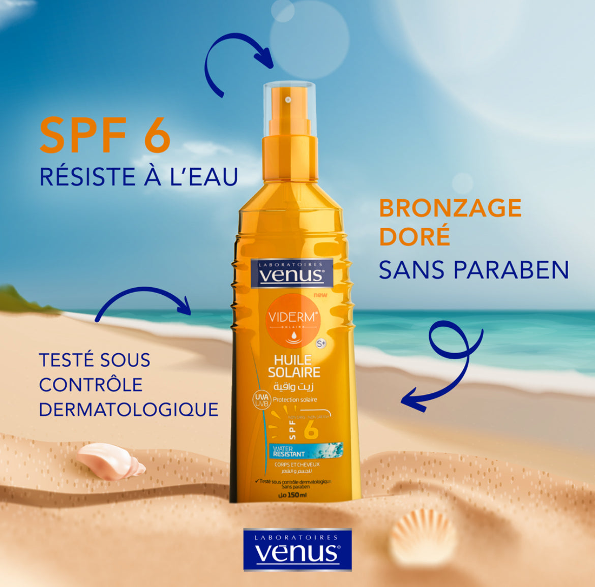 Venus Viderm Huile Solaire Protection Solaire Uva Uvb Non Gras-Non Greasy Spf 6 Water Résistant Corps Et Cheveux