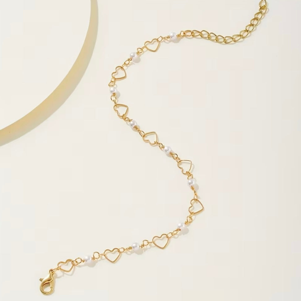 1 Pièce Bracelet De Cheville Doré Avec Cœurs Et Perles Élégantes