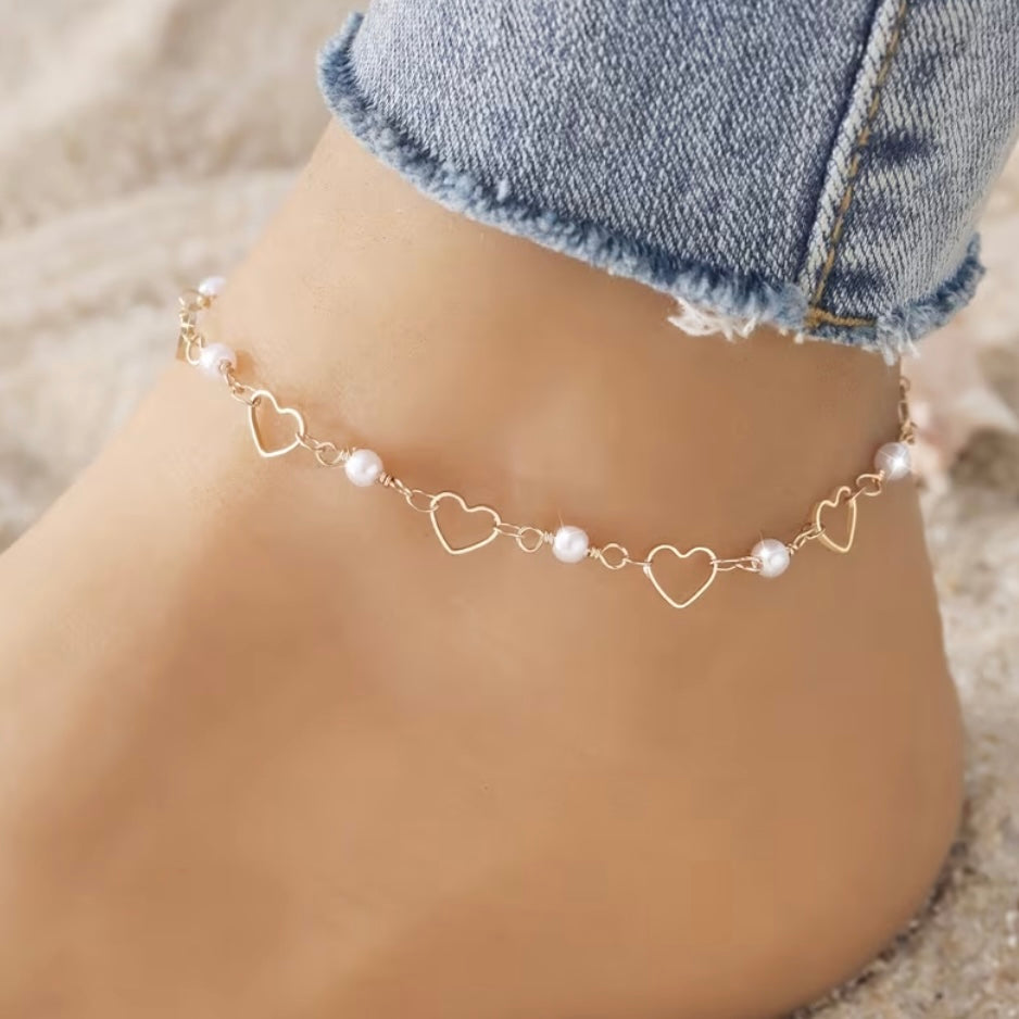 1 Pièce Bracelet De Cheville Doré Avec Cœurs Et Perles Élégantes