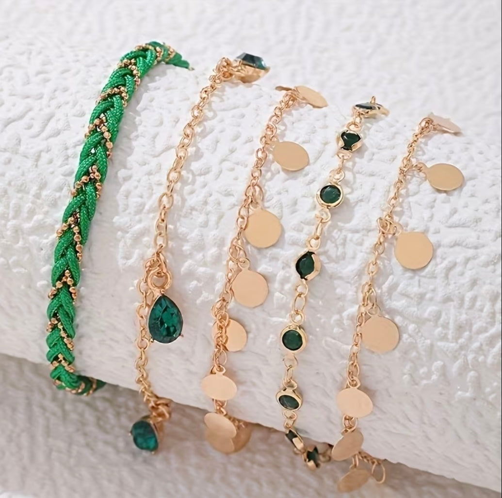 1 Pièce Bracelet De Cheville Bohème Multicouche Doré Avec Perles Vertes