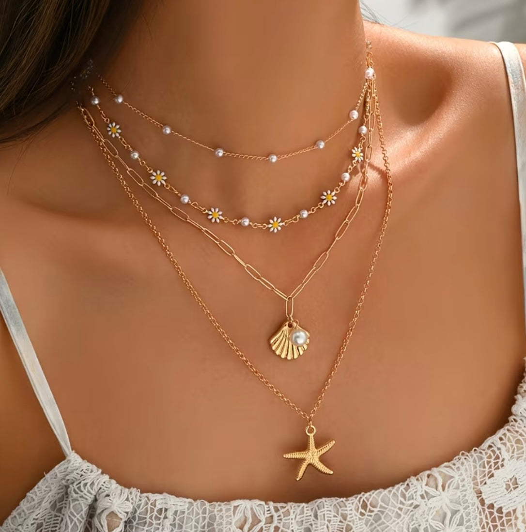 Colliers Bohème Dorés Avec Perles Marguerites Et Étoile De Mer