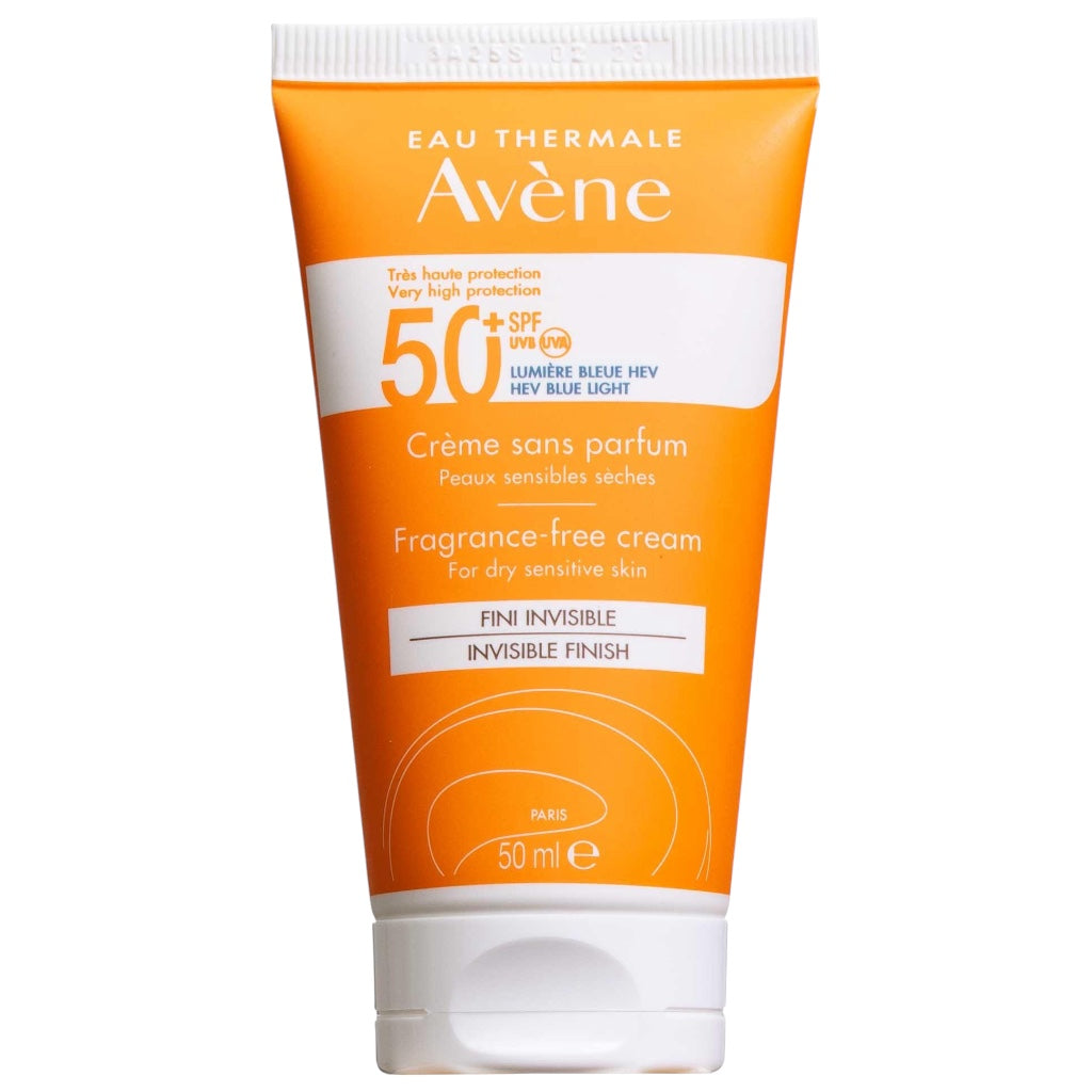 كريم أفين الواقي من الشمس بلمسة نهائية غير مرئية بعامل حماية SPF50+، خالٍ من العطور، للبشرة الحساسة والجافة