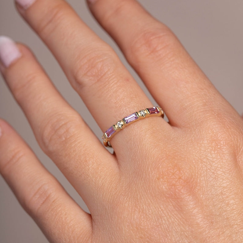 Bague De Mariage Saphir Rose Carats Diamant Demi-Bande Éternité Baguette - Kyklos Jewelry